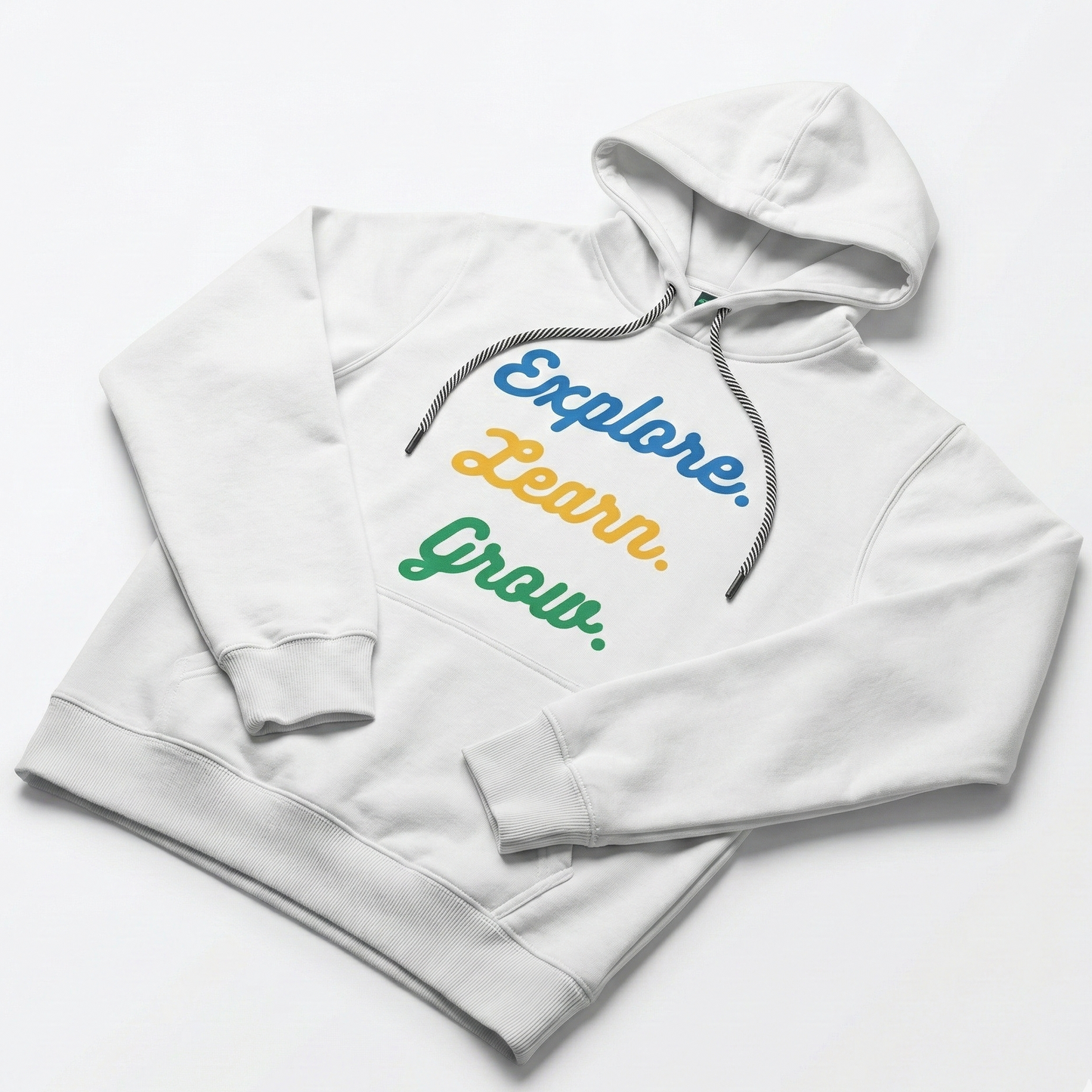 White hoodie with colorful text 'Explore. Learn. Grow.' on a white background