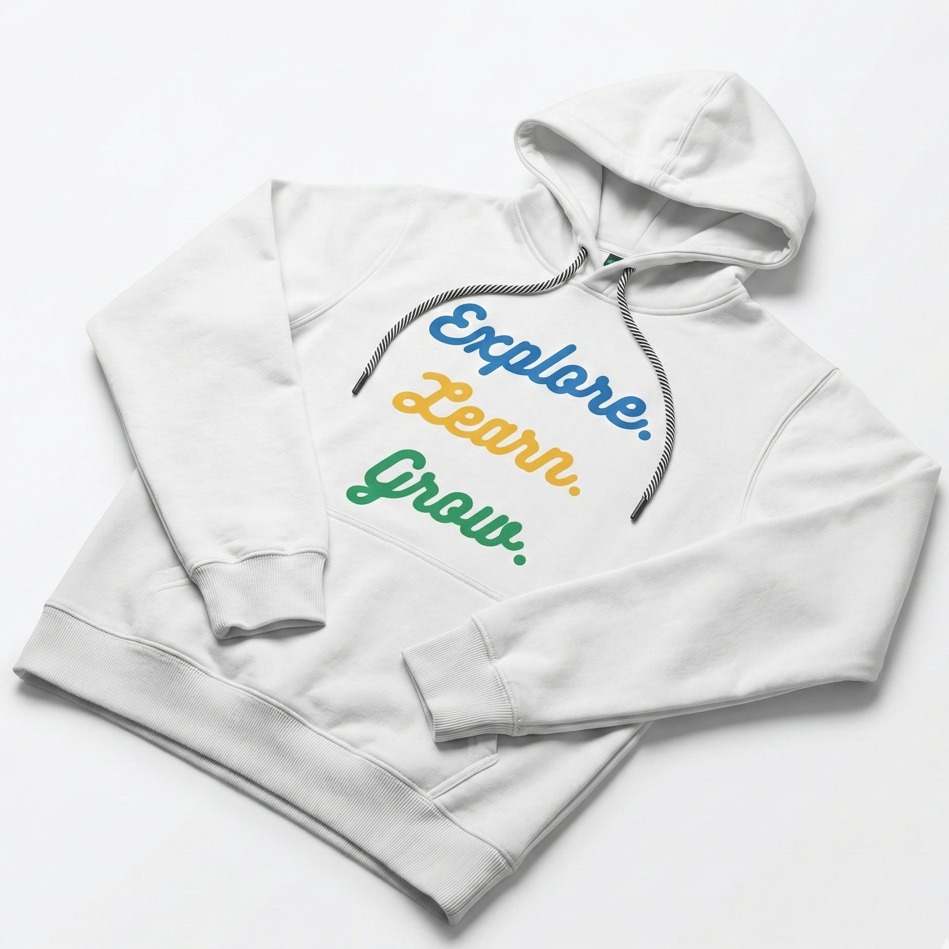 White hoodie with colorful text 'Explore. Learn. Grow.' on a white background