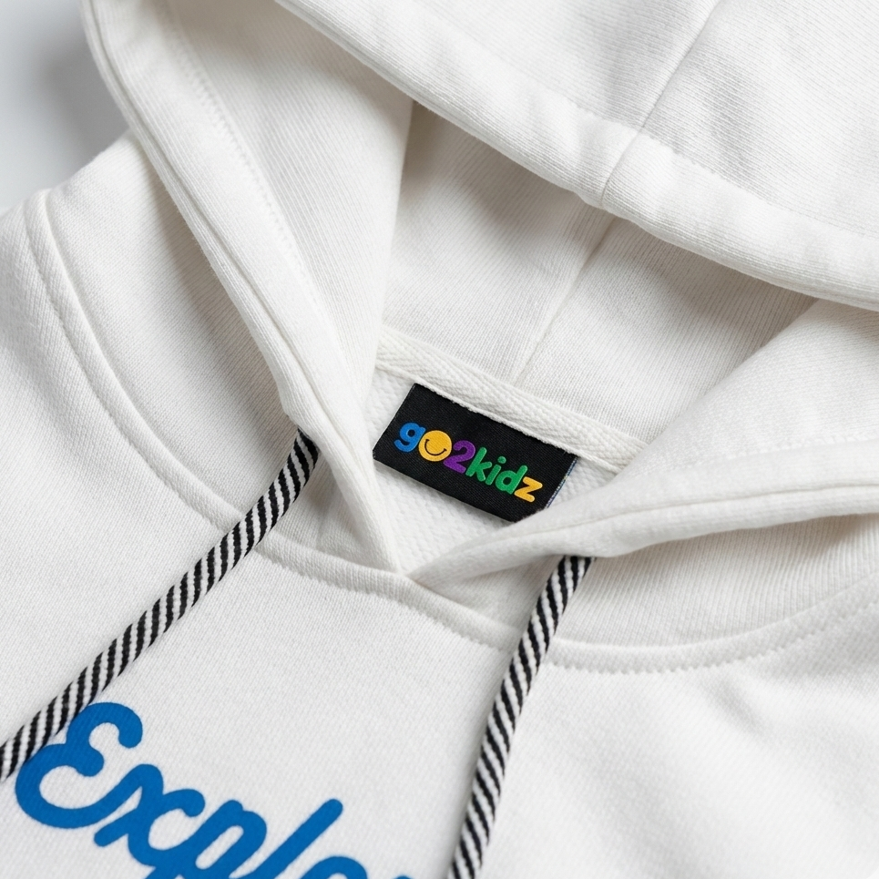 White hoodie with colorful 'go2kidz' logo and blue text on a white background