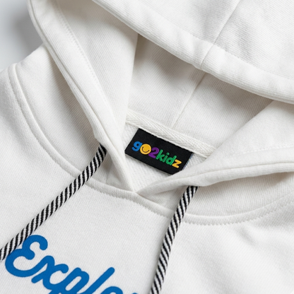 White hoodie with colorful 'go2kidz' logo and blue text on a white background