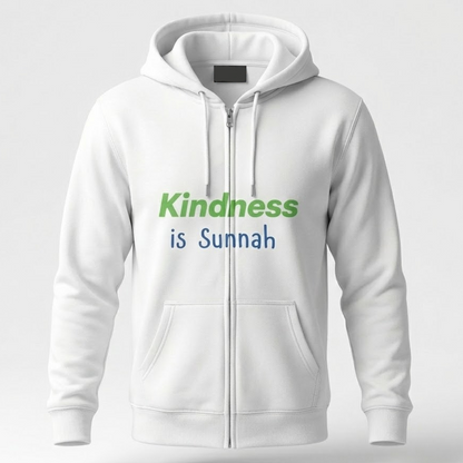 White hoodie with 'Kindness is Sunnah' text on a light background