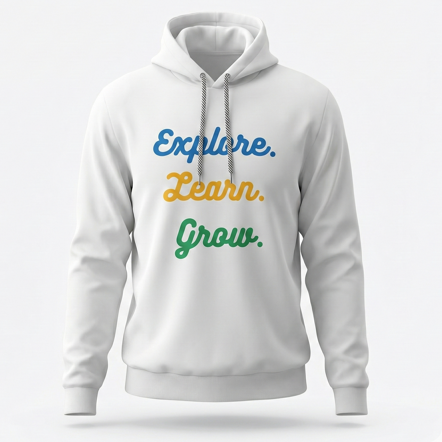 White hoodie with 'Explore. Learn. Grow.' text on a white background