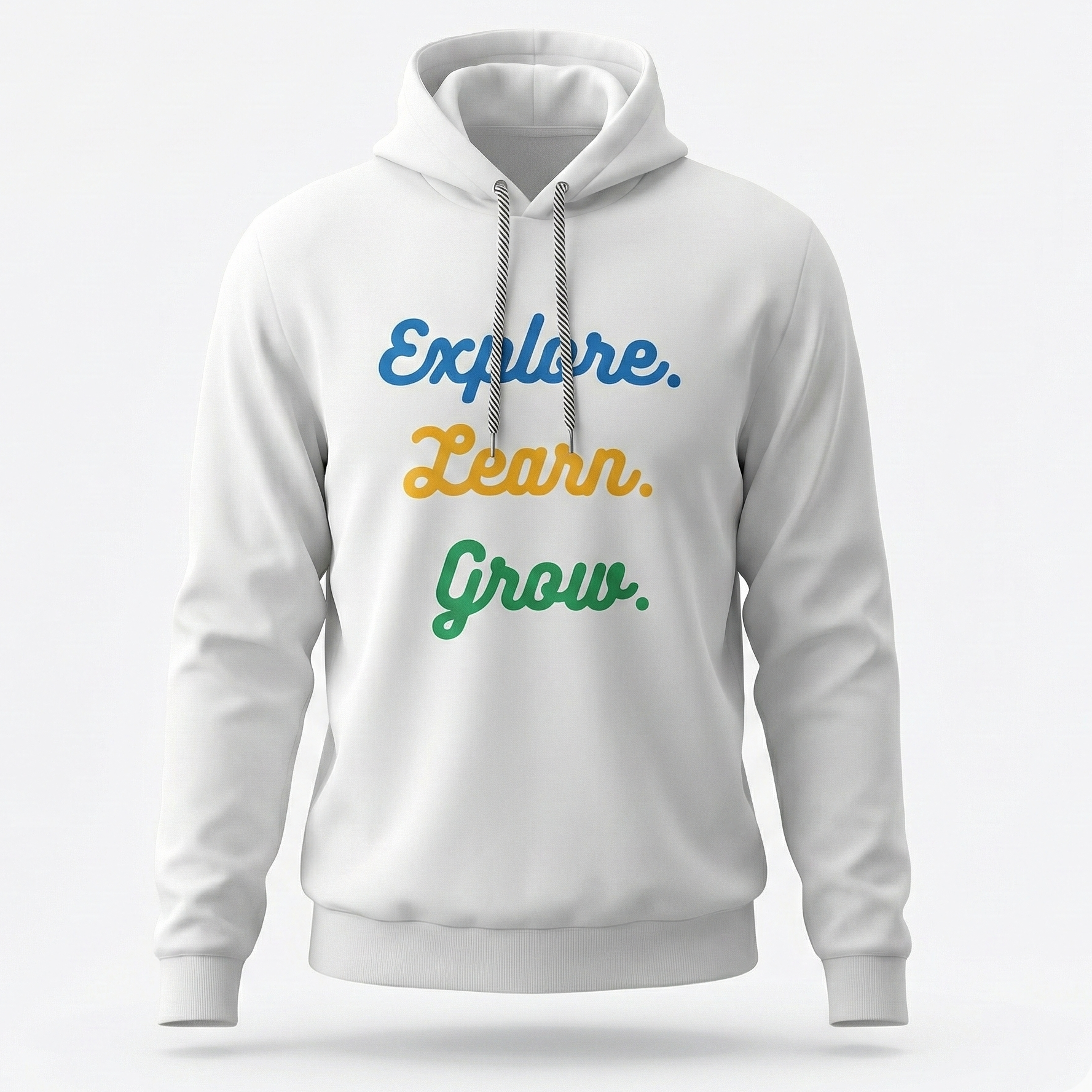 White hoodie with 'Explore. Learn. Grow.' text on a white background