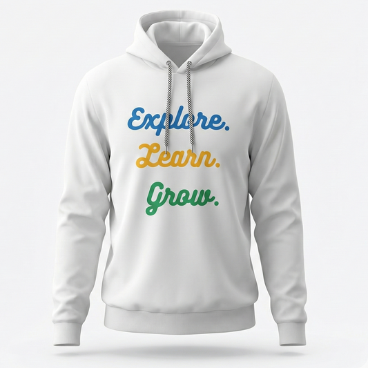 White hoodie with 'Explore. Learn. Grow.' text on a white background