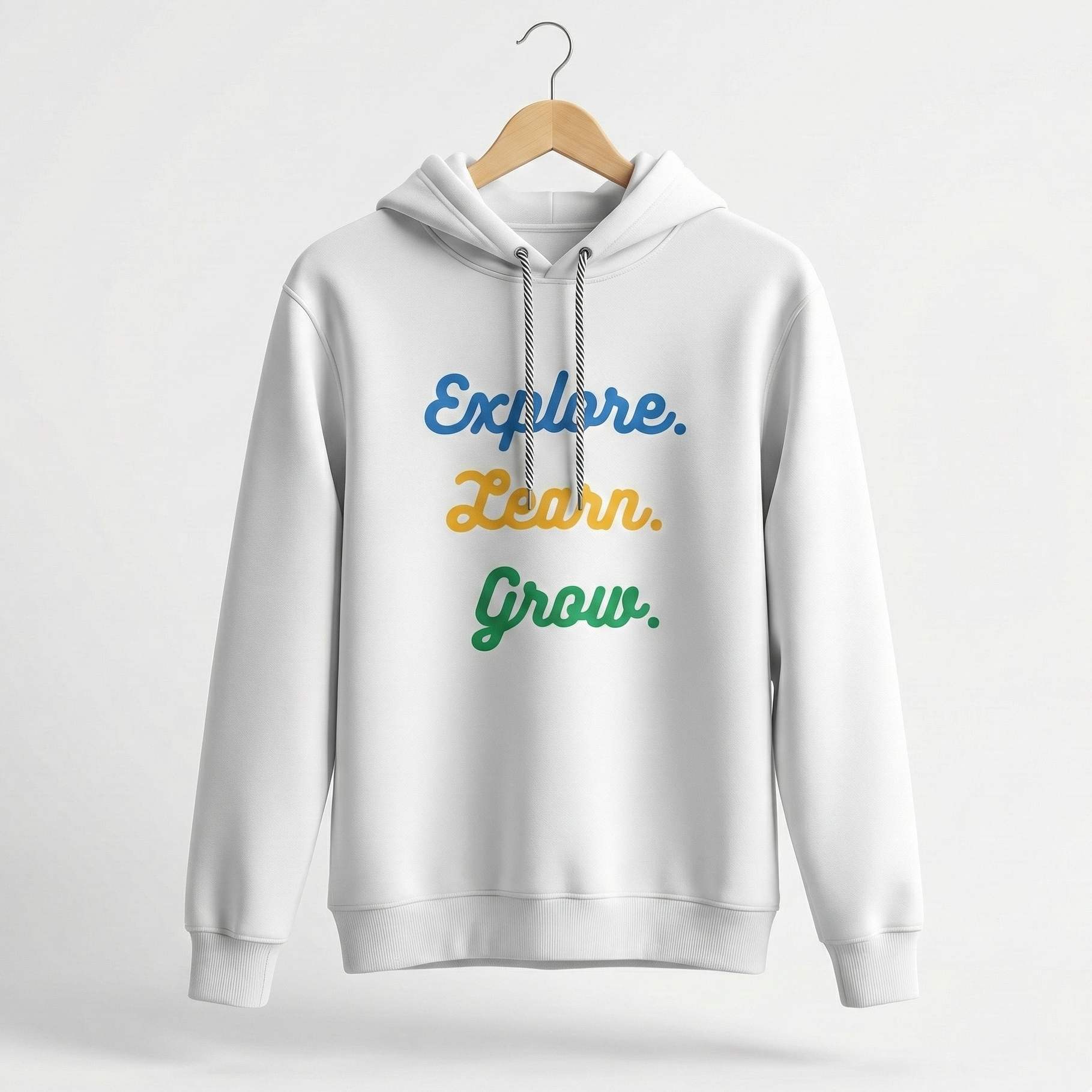 White hoodie with 'Explore. Learn. Grow.' text on a white background