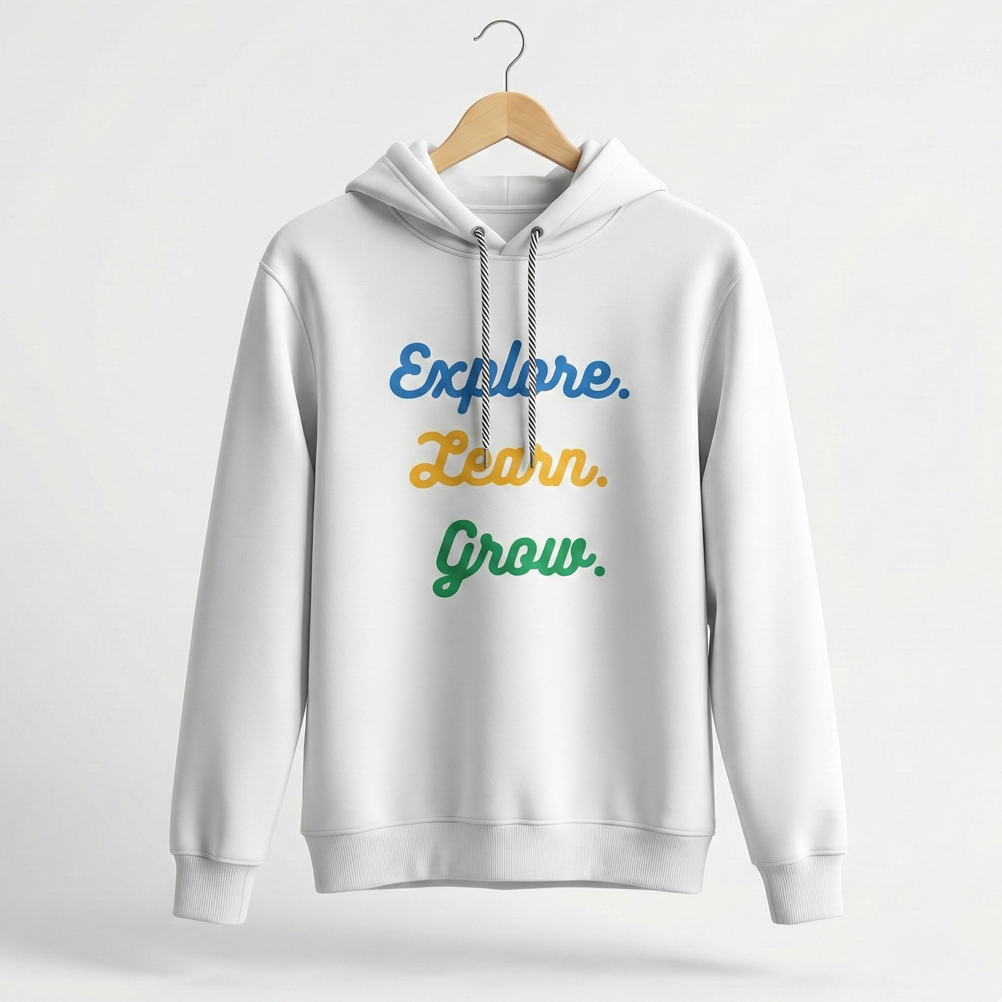 White hoodie with 'Explore. Learn. Grow.' text on a white background