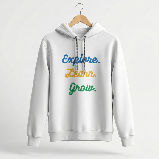 White hoodie with 'Explore. Learn. Grow.' text on a white background